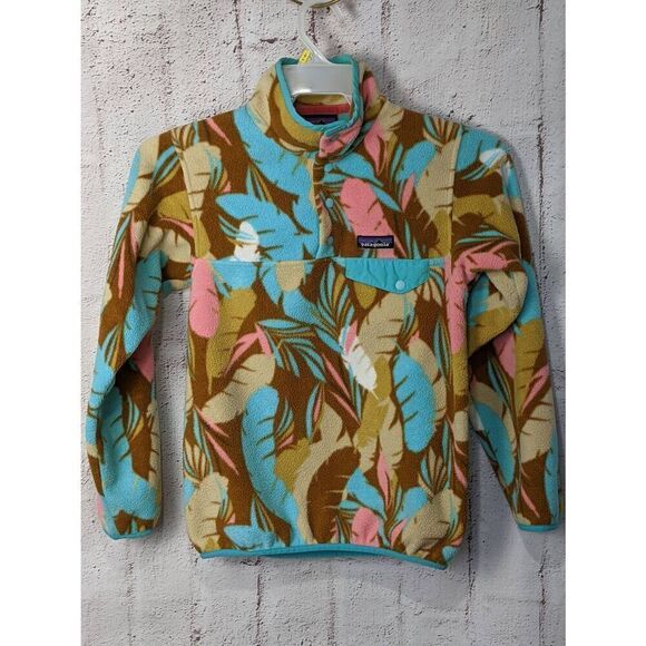 Patagonia Tops - Patagonia Synchilla Snap T Feather Graphic Pink Turquiose Pullover Fleece Sz XXS